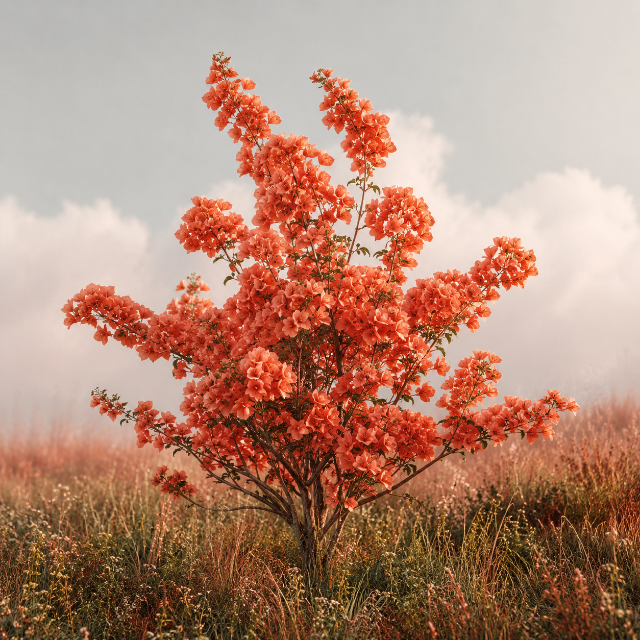A single tree in full coral bloom, standing alone in an open field