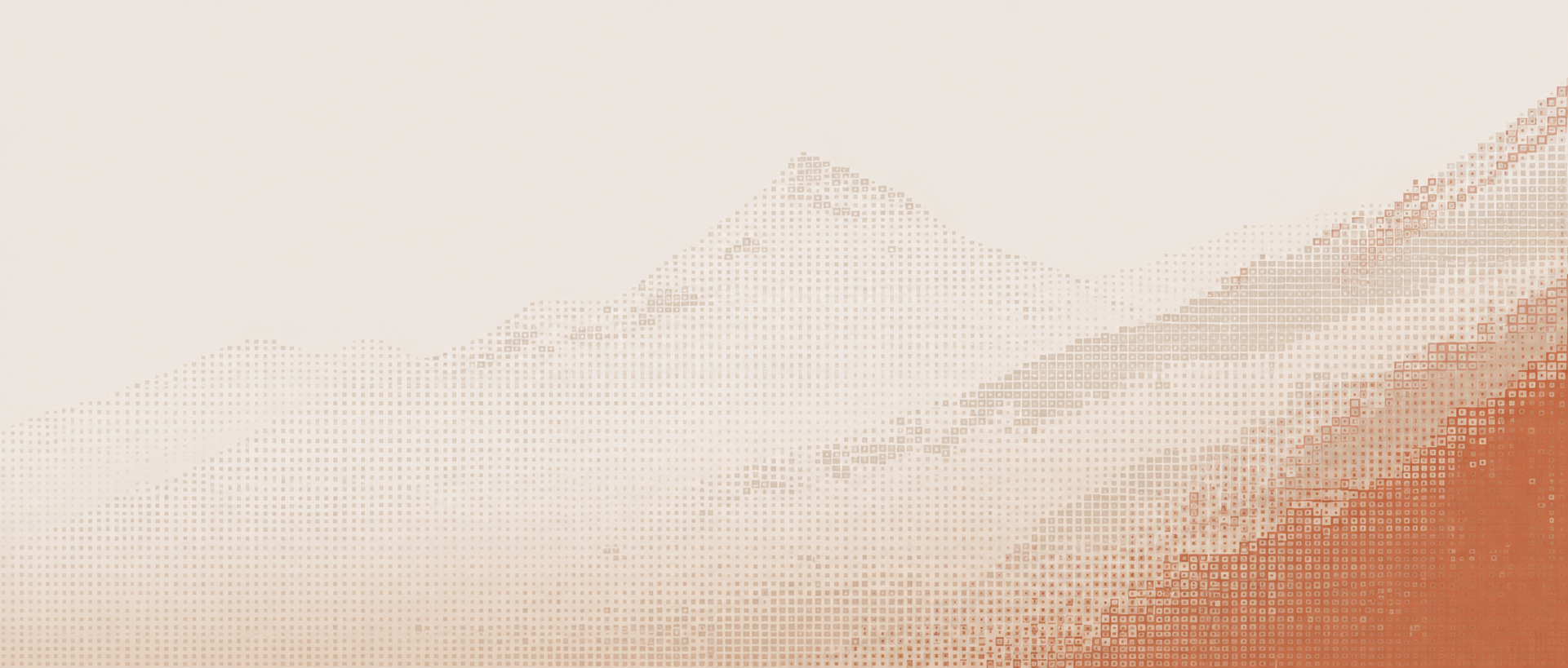 A mountain range rendered as a field of tiny squares, fading from pale to terracotta