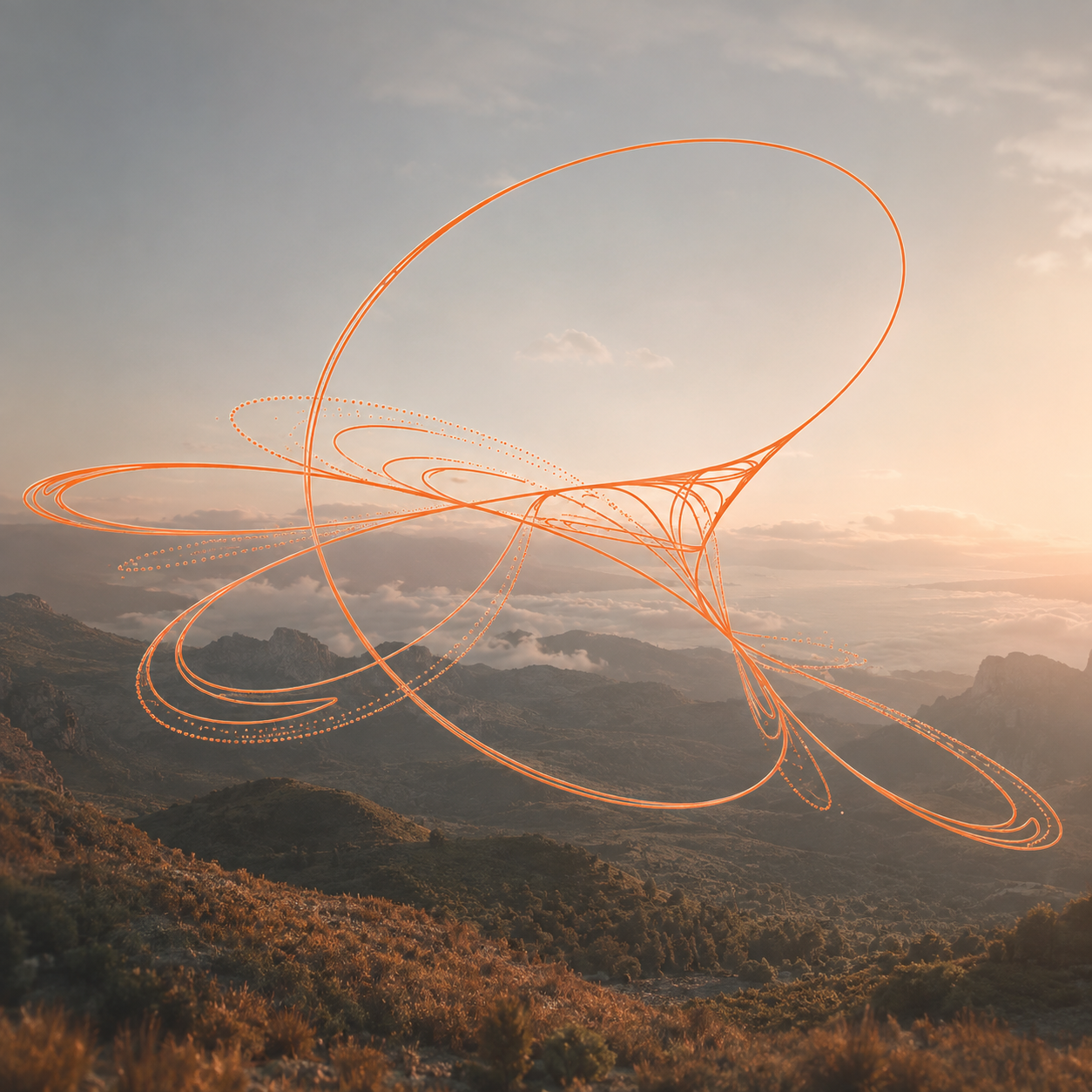 One trajectory looping over a mountain range at sunset — the same path, drawn again and again